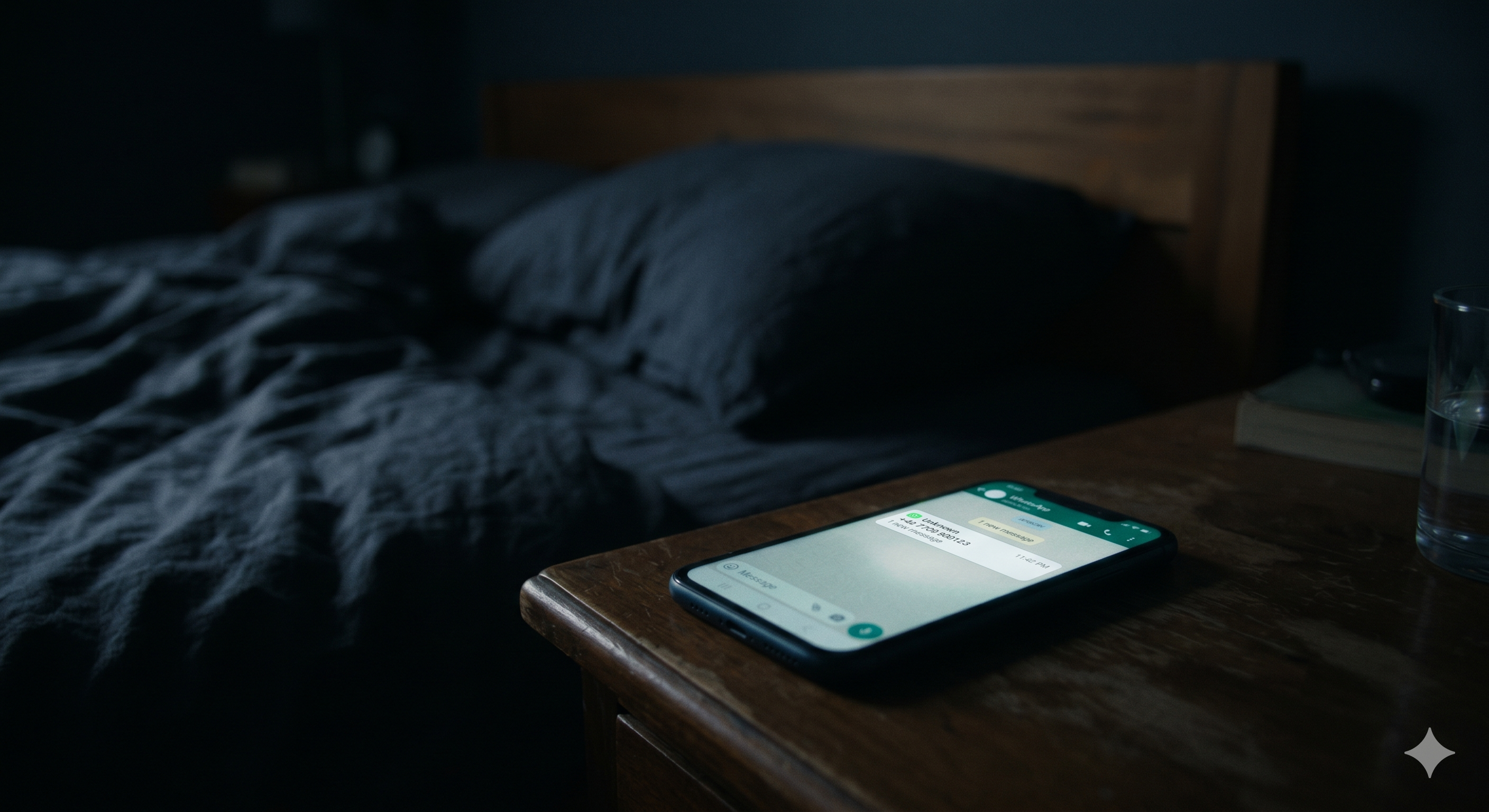 Unknown WhatsApp message on a phone at night